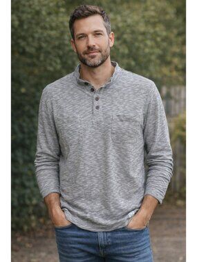 Lucky Brand Henley Sweater Mens Size XL Gray Mock Neck Pullover Pockets Shirt